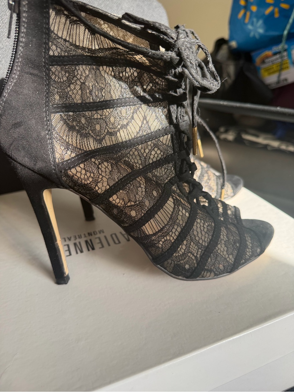 Dolce & Gabbana Black Lace Lace-Up Peep-Toe Stiletto Booties